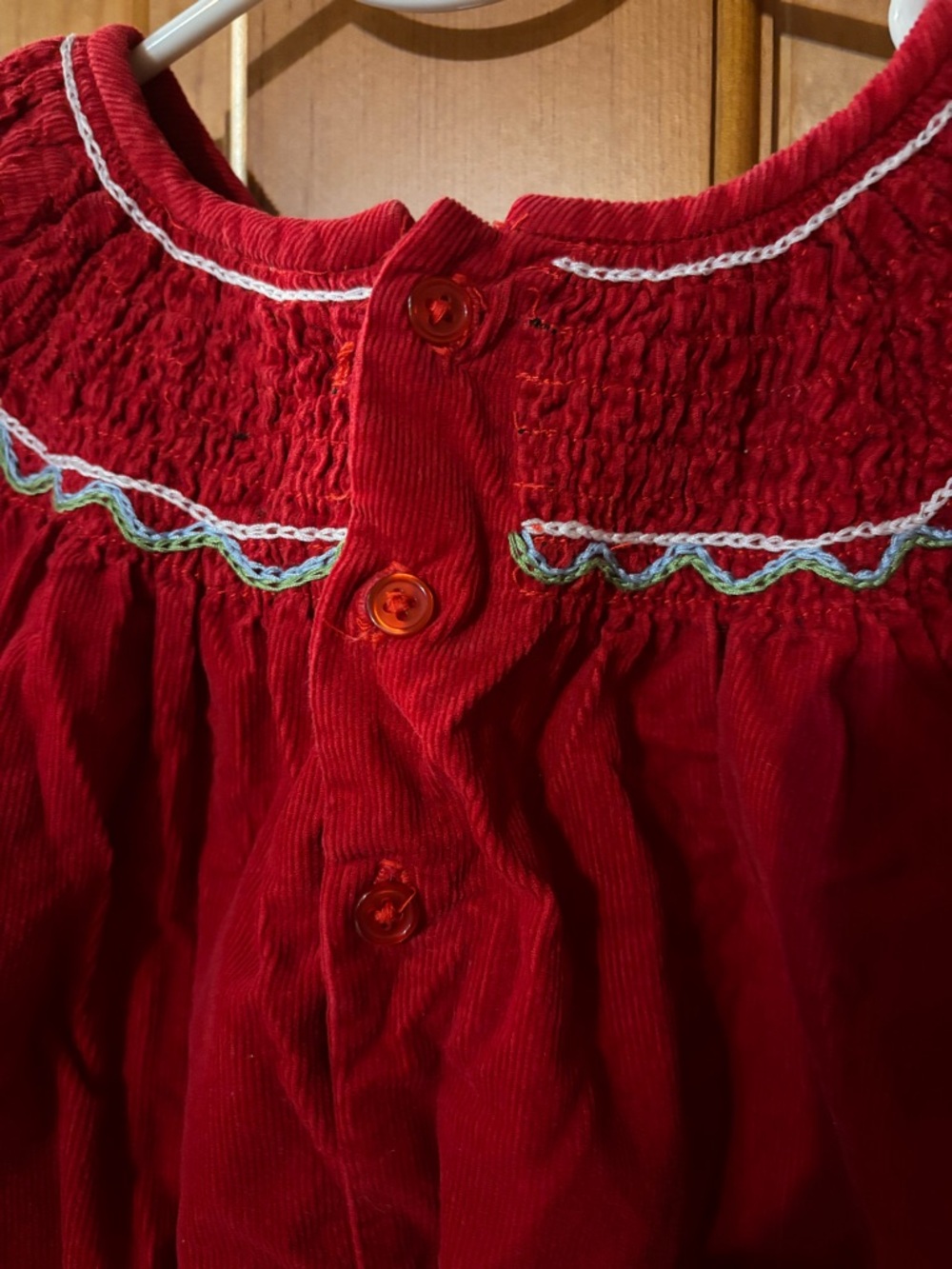 Vintage Corduroy Smocked Toddler Dress with Holiday Embroidery - Picture 3 of 4